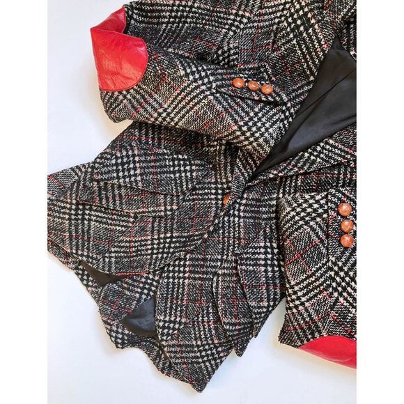 Smythe One Button Gingham Plaid Hunting Elbow Patch Blazer Black Red Size 2 - Picture 4 of 5